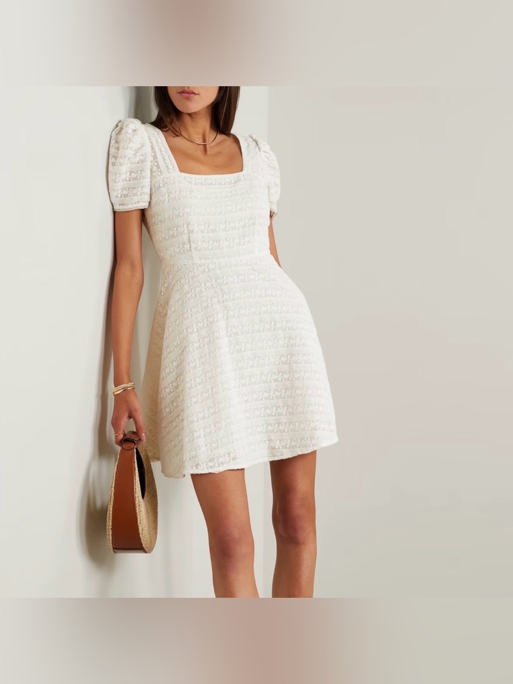 LOVESHACKFANCY Drella White Lace Trimmed Embroidered Cotton Voile Mini Dress 4 - Picture 2 of 10